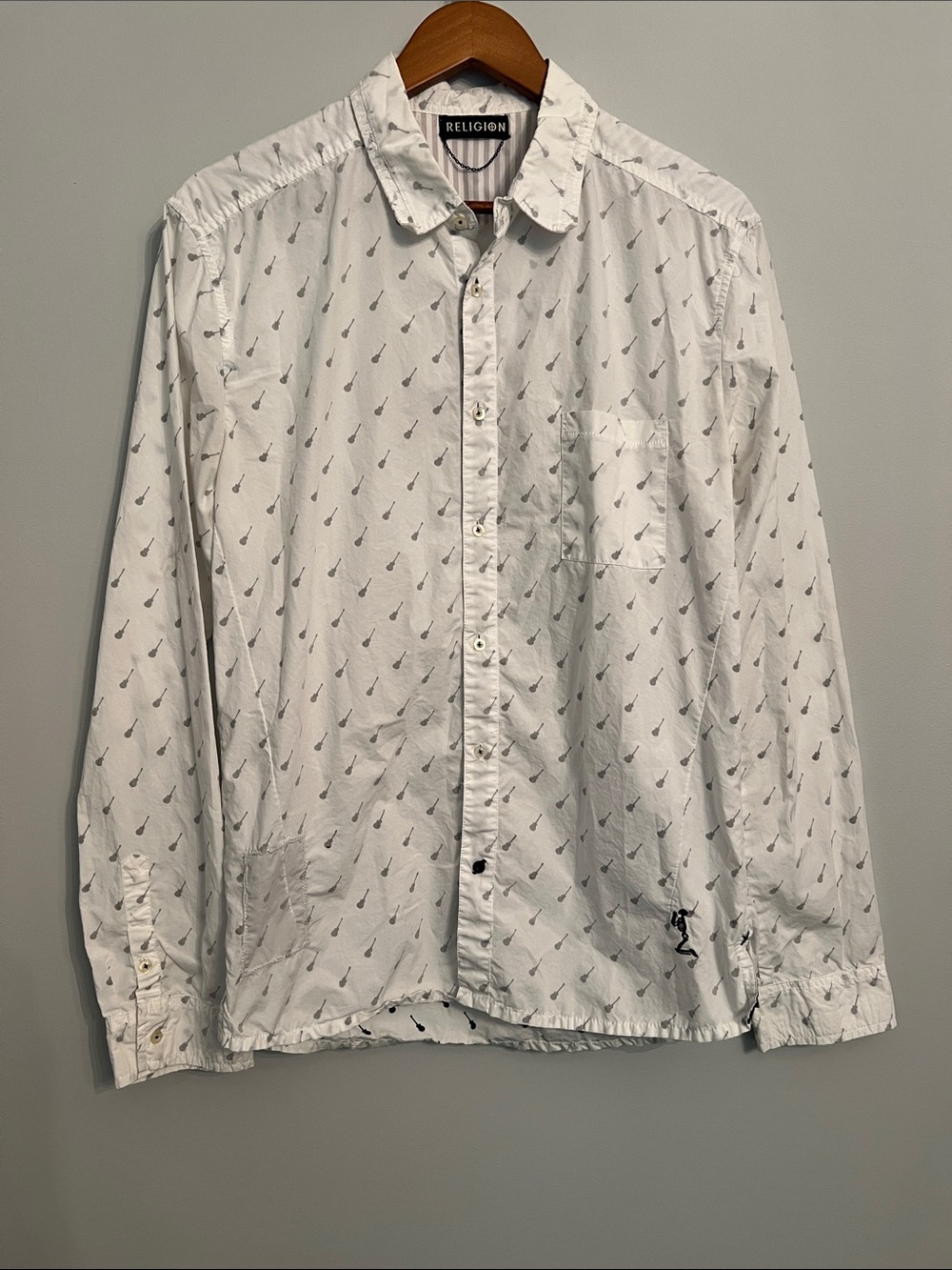 White Guitar Printed Long Sleeve Button-Down Men's Shirt